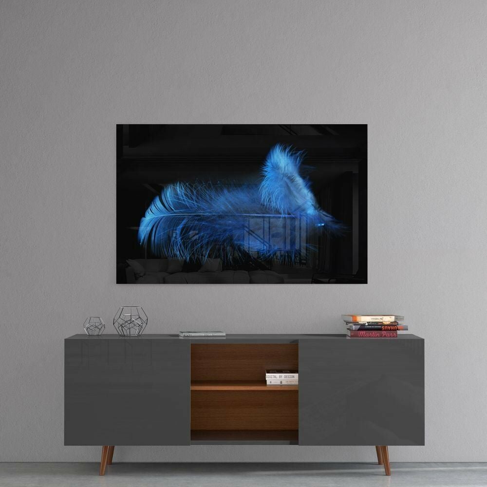 Mavi Kuş Tüyü Cam Tablo