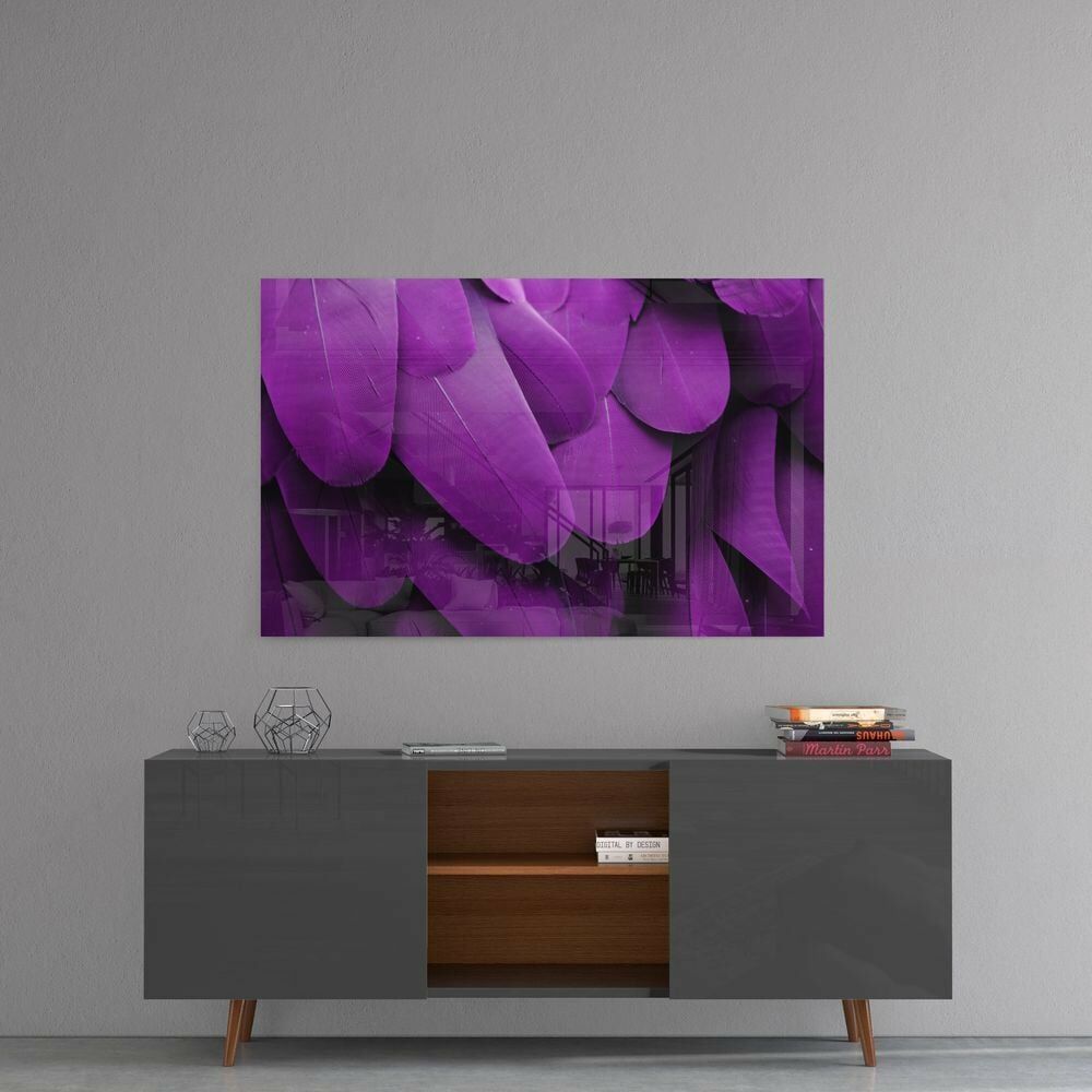 Mor Kuş Tüyleri Cam Tablo