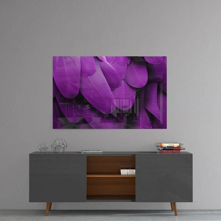 Mor Kuş Tüyleri Cam Tablo