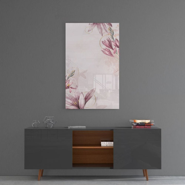 Pembe Çiçek Desen Cam Tablo