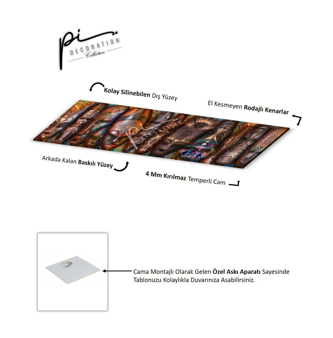 Afrika Maskeleri Panoramik Cam Tablo