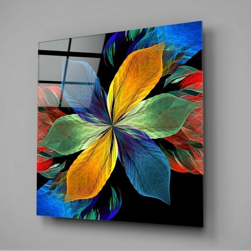 Renkli Yapraklı Çiçek Cam Tablo