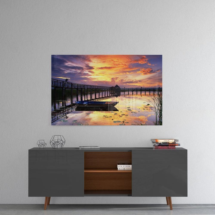 Rıhtımda Gün Batımı Cam Tablo