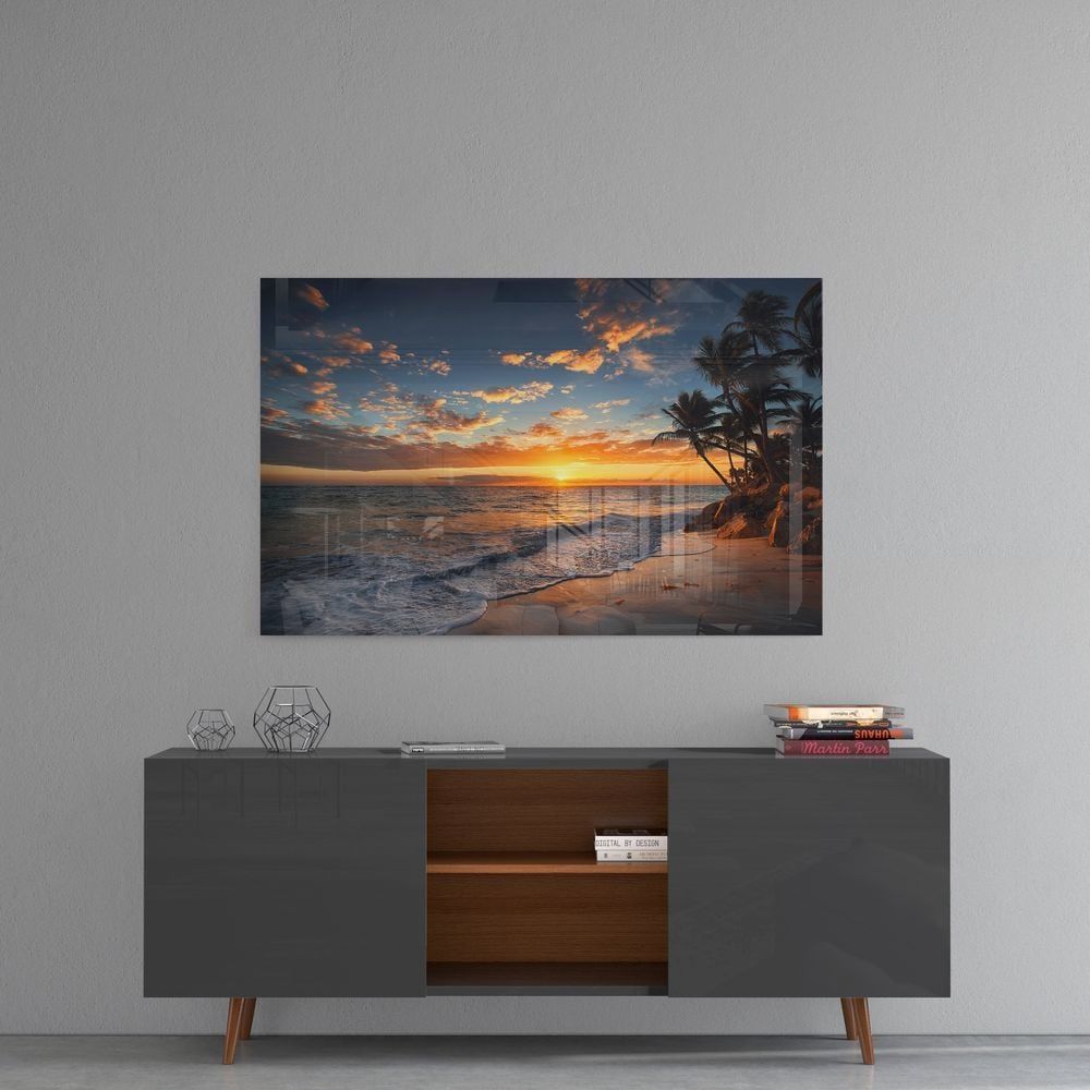 Sahilde Gün Batımı Cam Tablo No:1121