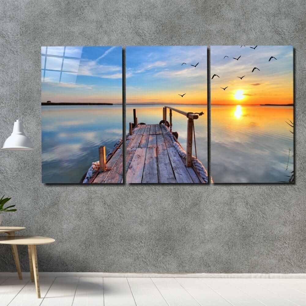 Sahilde Günbatımı Mega Cam Tablo