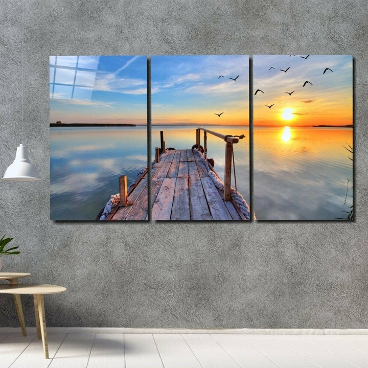 Sahilde Günbatımı Mega Cam Tablo