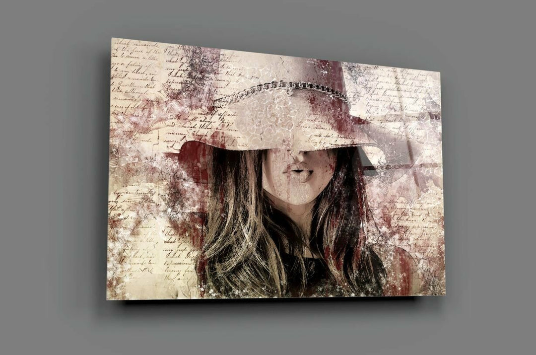 Şapkalı Kız Retro Cam Tablo