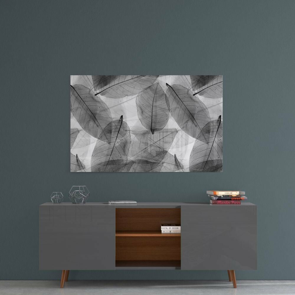 Siyah-Beyaz Yapraklar Cam Tablo