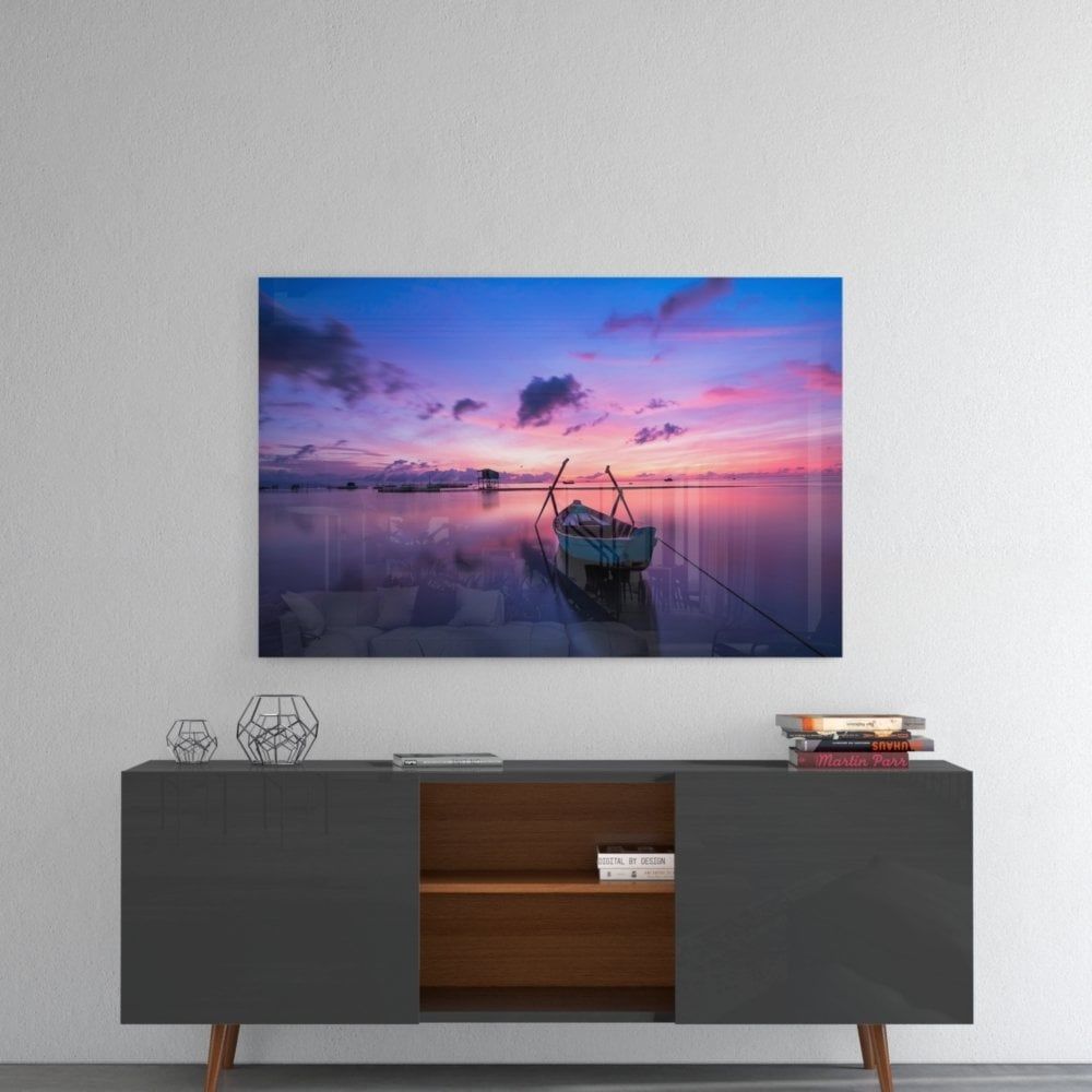 Teknede Gün Batımı Cam Tablo