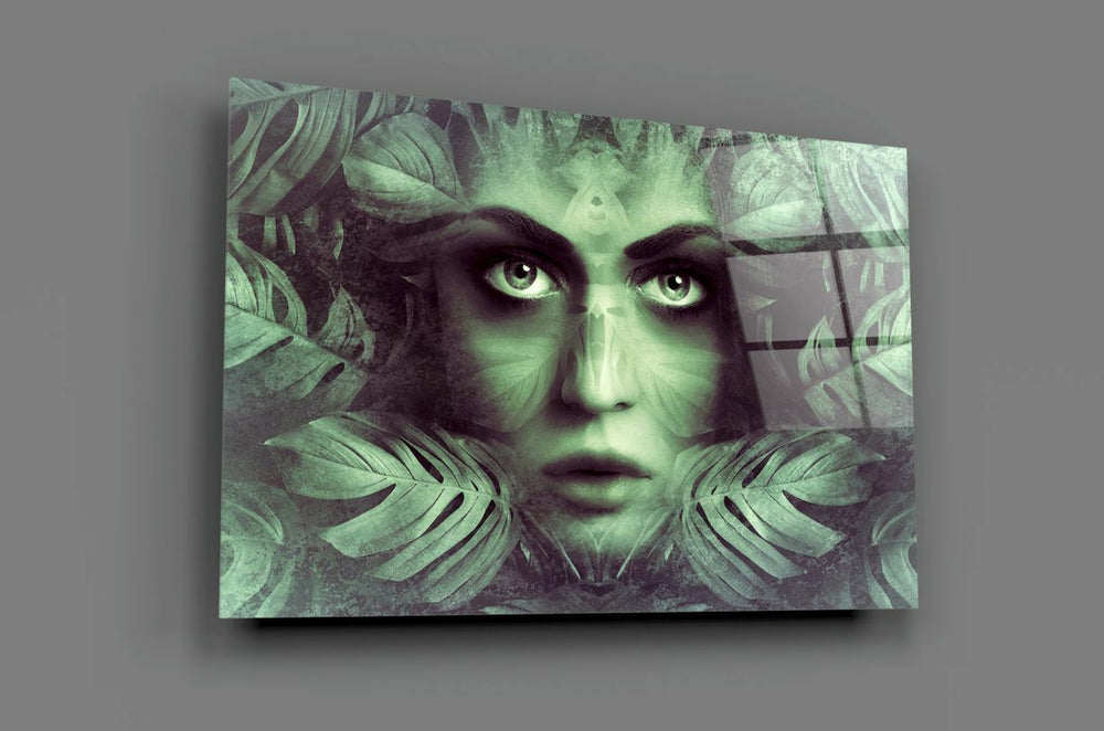 Tropik Yaprak ve Kadın Portre Cam Tablo