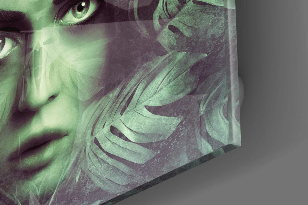 Tropik Yaprak ve Kadın Portre Cam Tablo