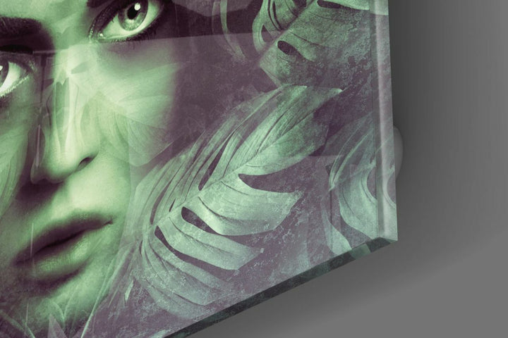 Tropik Yaprak ve Kadın Portre Cam Tablo