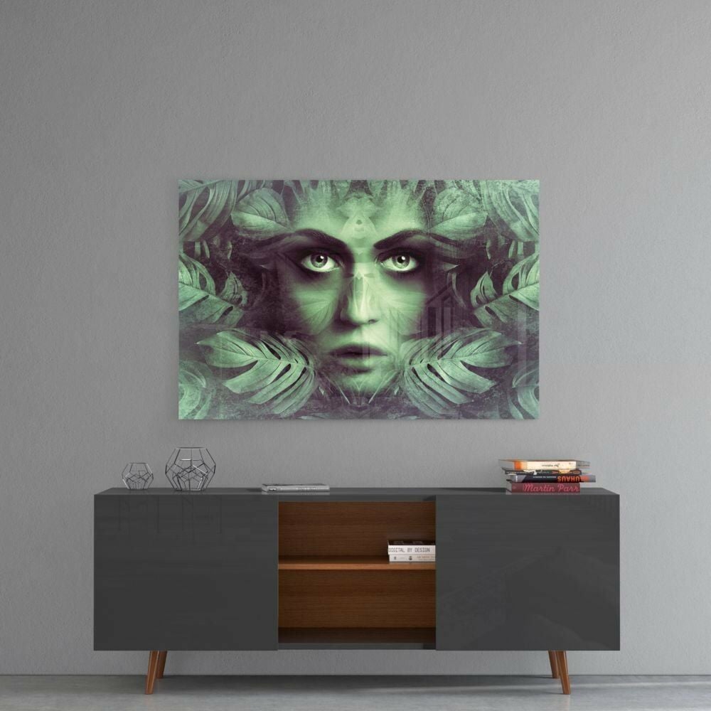 Tropik Yaprak ve Kadın Portre Cam Tablo