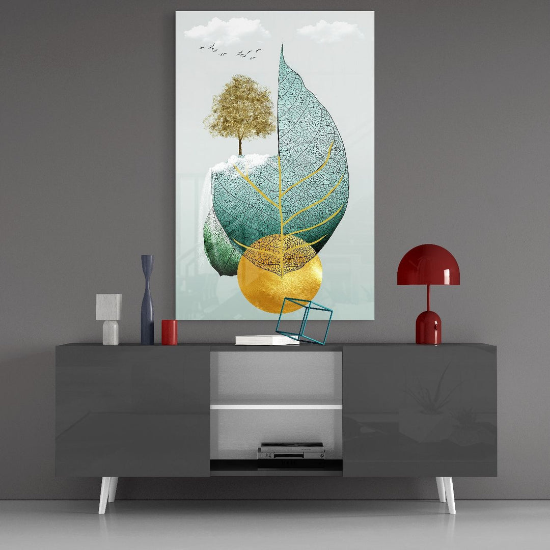 Yaprakta Ağaç Cam Tablo