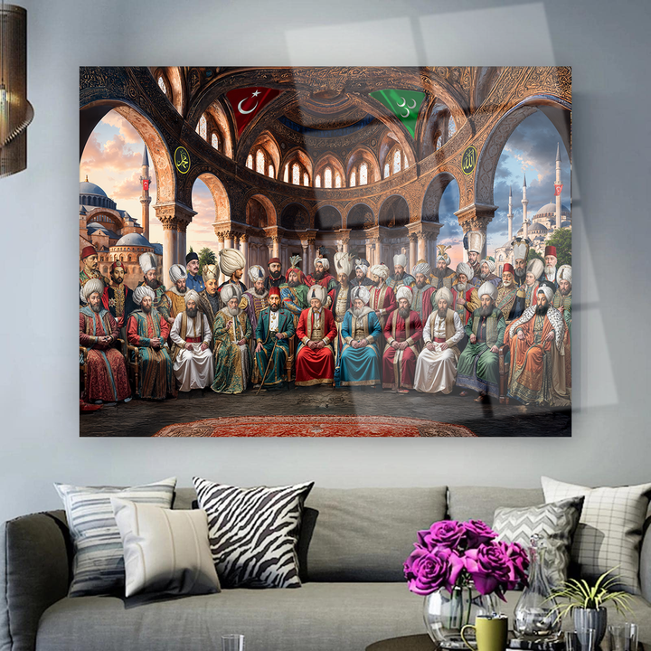 Cami Temalı 36 Osmanlı Padişahı Cam Tablo