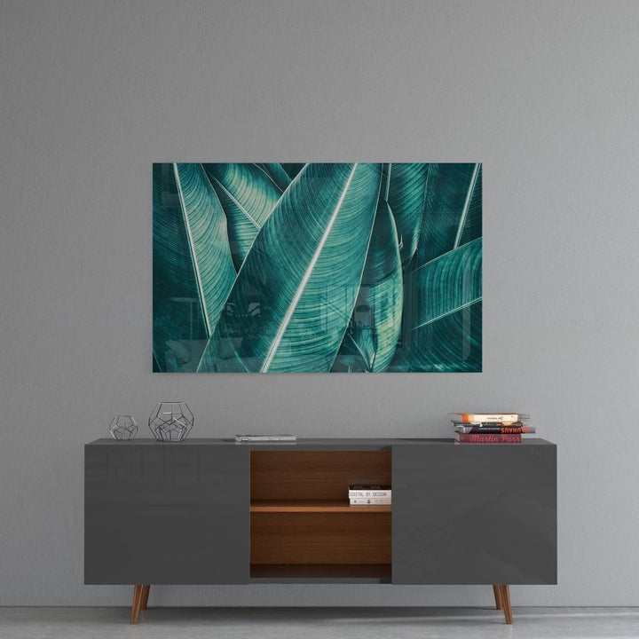 Yeşil Tropik Yaprak Cam Tablo No:1192