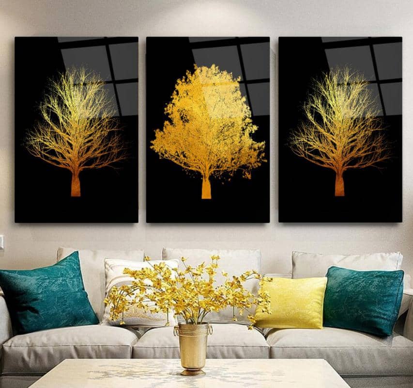 Gold Ağaçlar Triple Cam Tablo