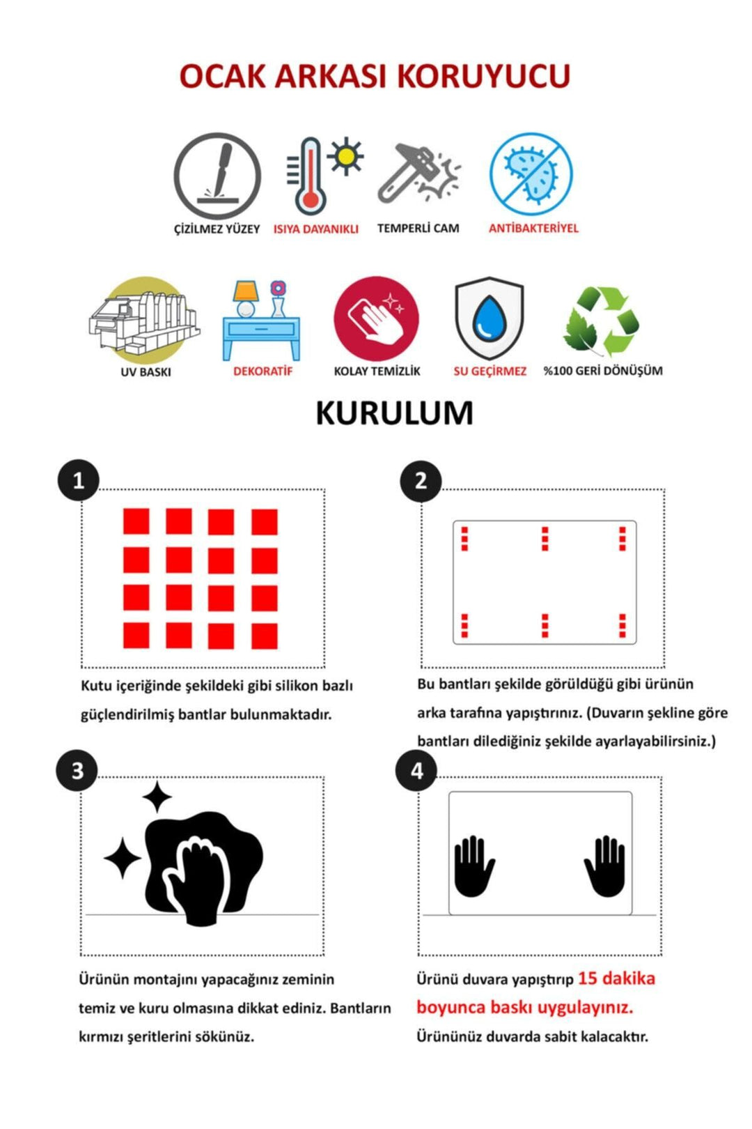 Cam Ocak Arkası Koruyucu Ankastre Arkası Koruyucu Ahududu