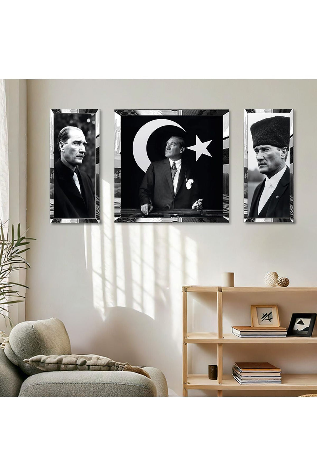 Gümüş Aynalı Pleksi Çerçeveli Siyah Beyaz Atatürk Ve Ay Yıldız Kare Tablo Seti