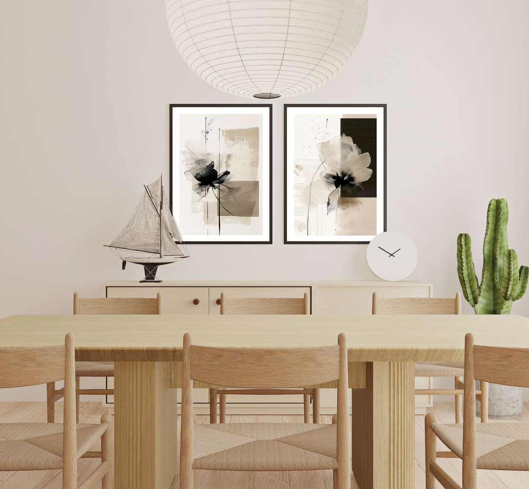 Modern Minimalist Çiçek Desenli Duvar Tablo Seti – Çerçeveli Dijital Baskı