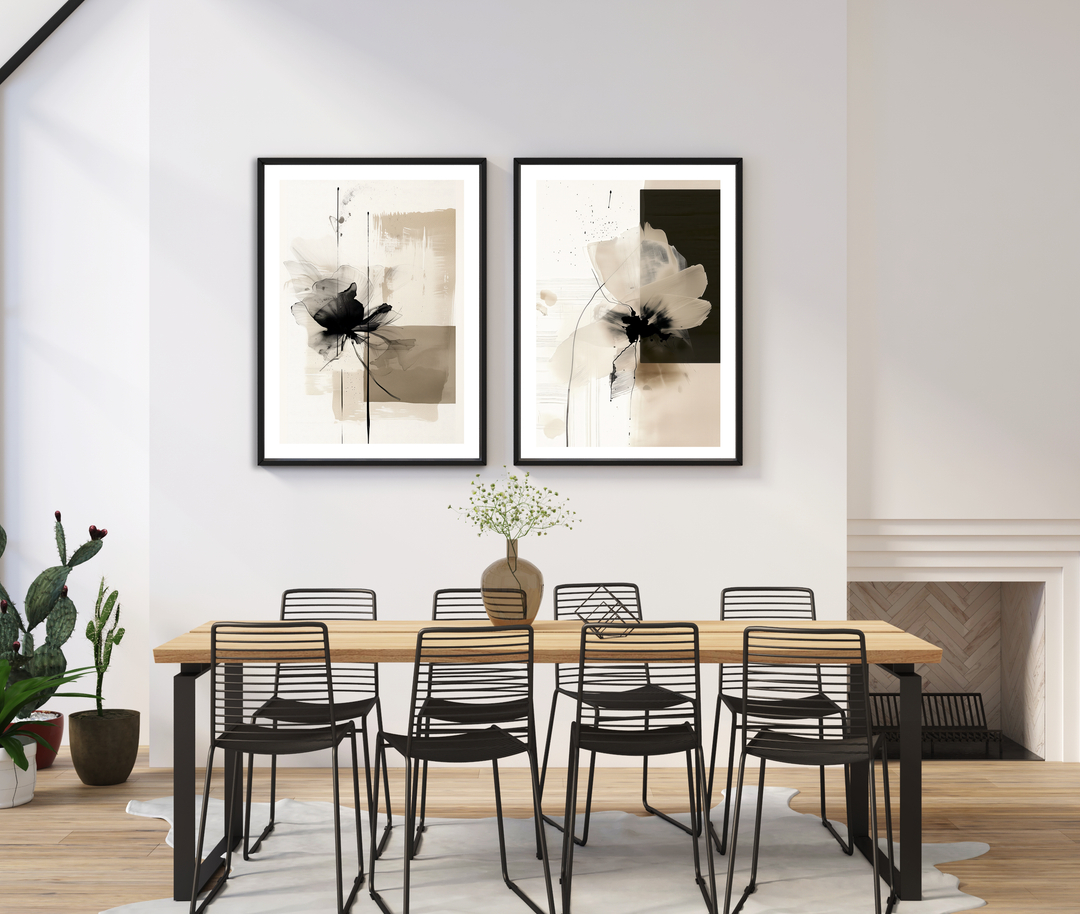 Modern Minimalist Çiçek Desenli Duvar Tablo Seti – Çerçeveli Dijital Baskı