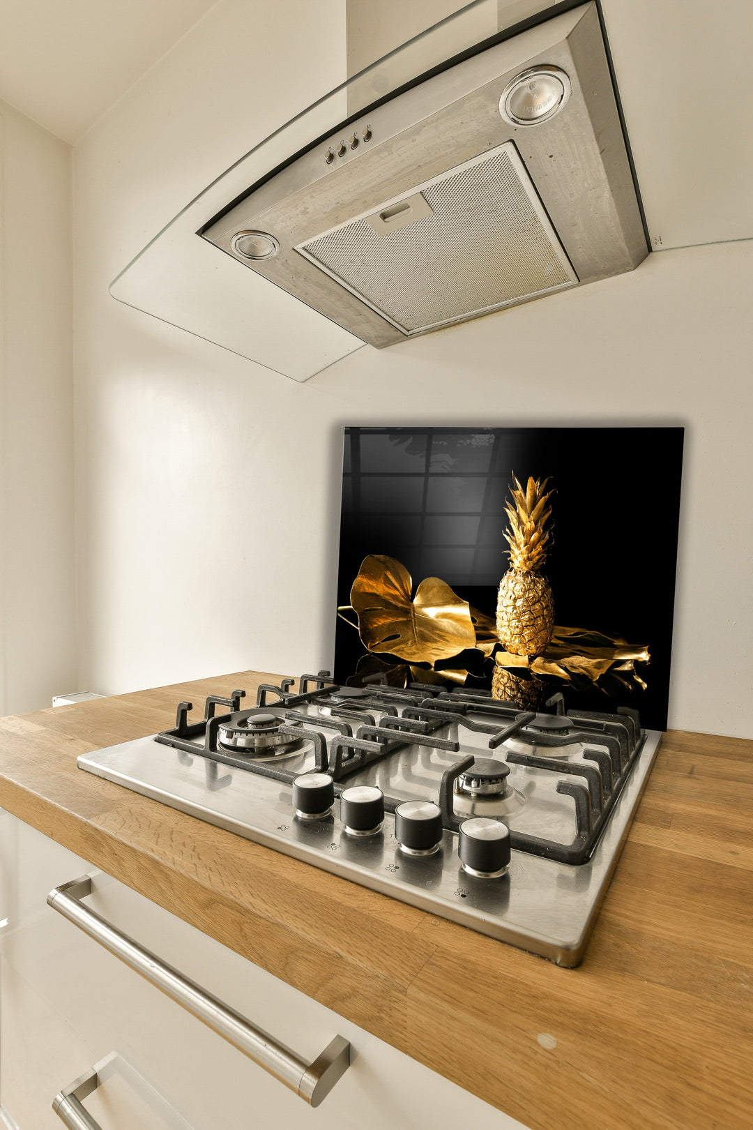 Mutfak Cam Ocak Arkası Koruyucu Tezgah Ankastre Arkası Koruyucu Gold Ananas