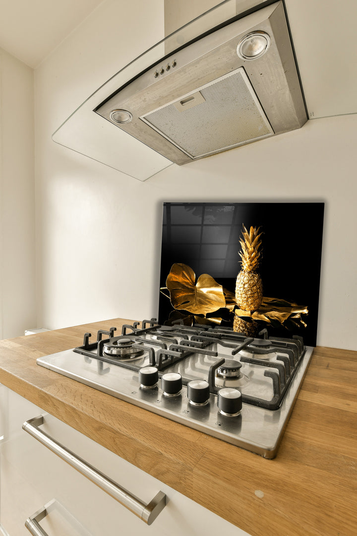 Mutfak Cam Ocak Arkası Koruyucu Tezgah Ankastre Arkası Koruyucu Gold Ananas