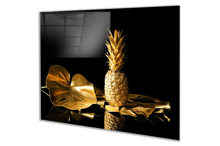 Mutfak Cam Ocak Arkası Koruyucu Tezgah Ankastre Arkası Koruyucu Gold Ananas