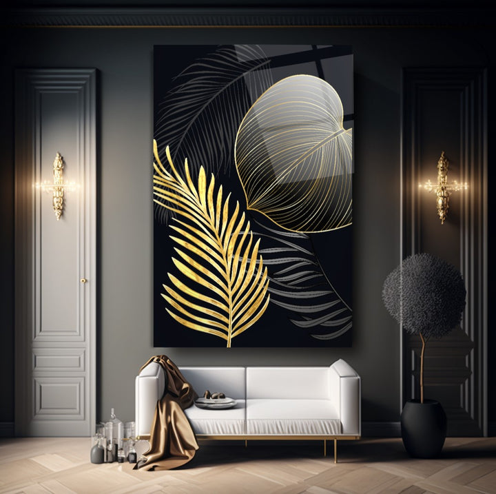 Gold Yapraklar Cam Tablo