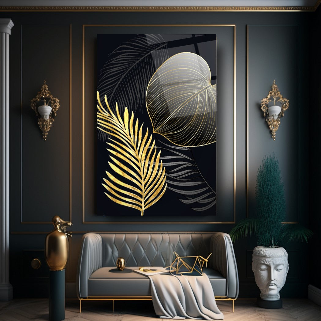 Gold Yapraklar Cam Tablo