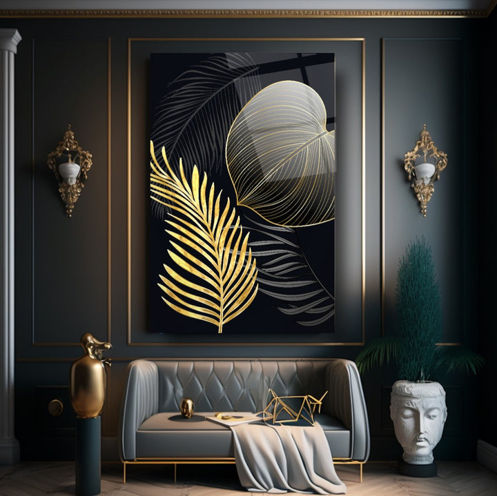 Gold Yapraklar Cam Tablo