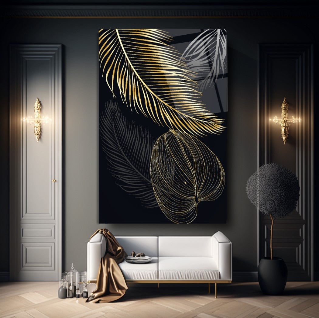 Gold Yapraklar Cam Tablo