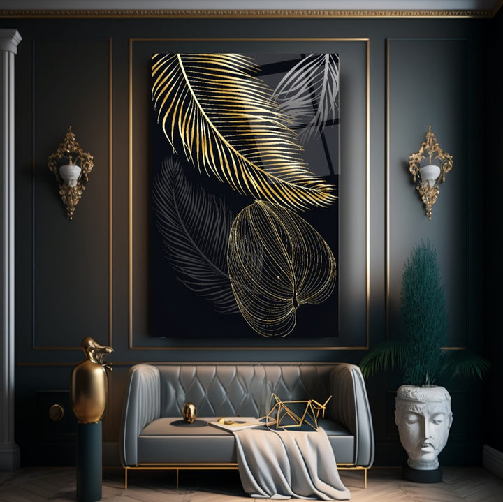 Gold Yapraklar Cam Tablo
