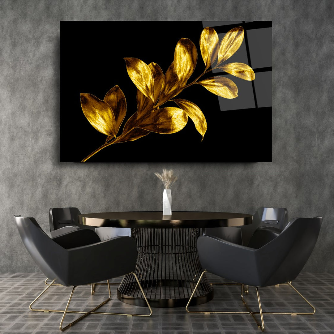 Gold Yapraklar Cam Tablo