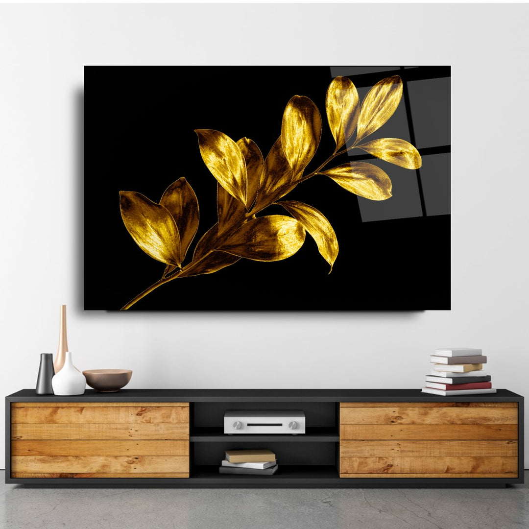 Gold Yapraklar Cam Tablo
