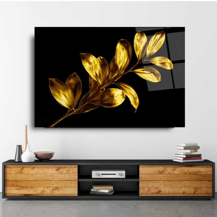 Gold Yapraklar Cam Tablo