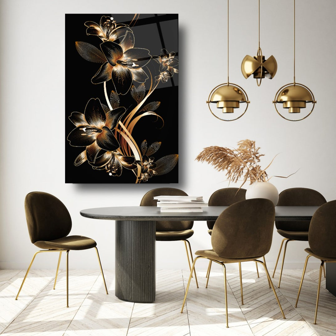 Gold Çiçek Cam Tablo