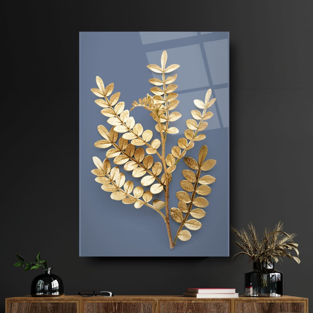 Gold Yapraklar Cam Tablo