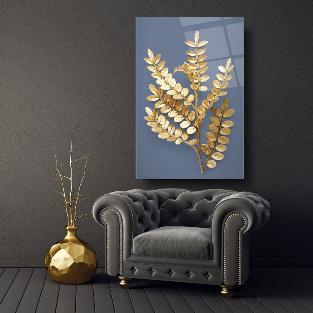 Gold Yapraklar Cam Tablo