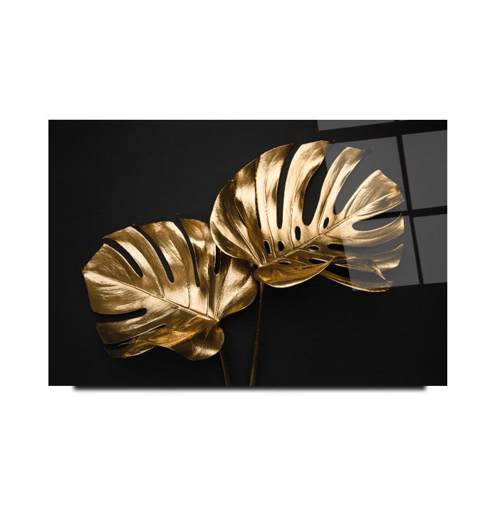 Gold Yapraklar Cam Tablo