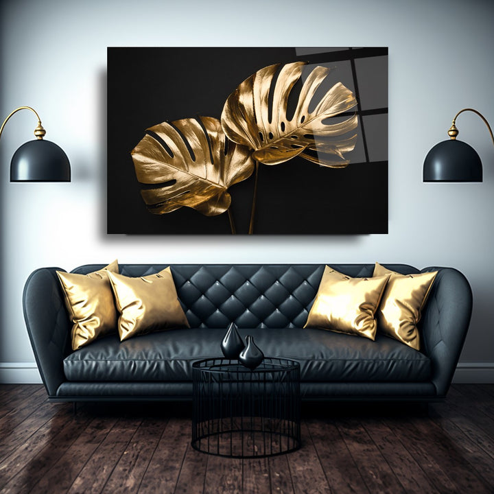 Gold Yapraklar Cam Tablo