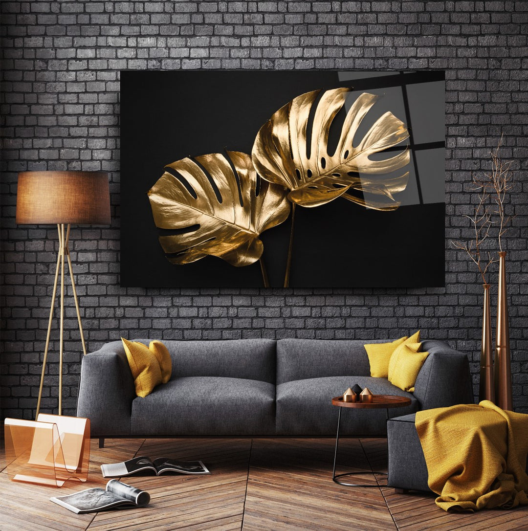 Gold Yapraklar Cam Tablo