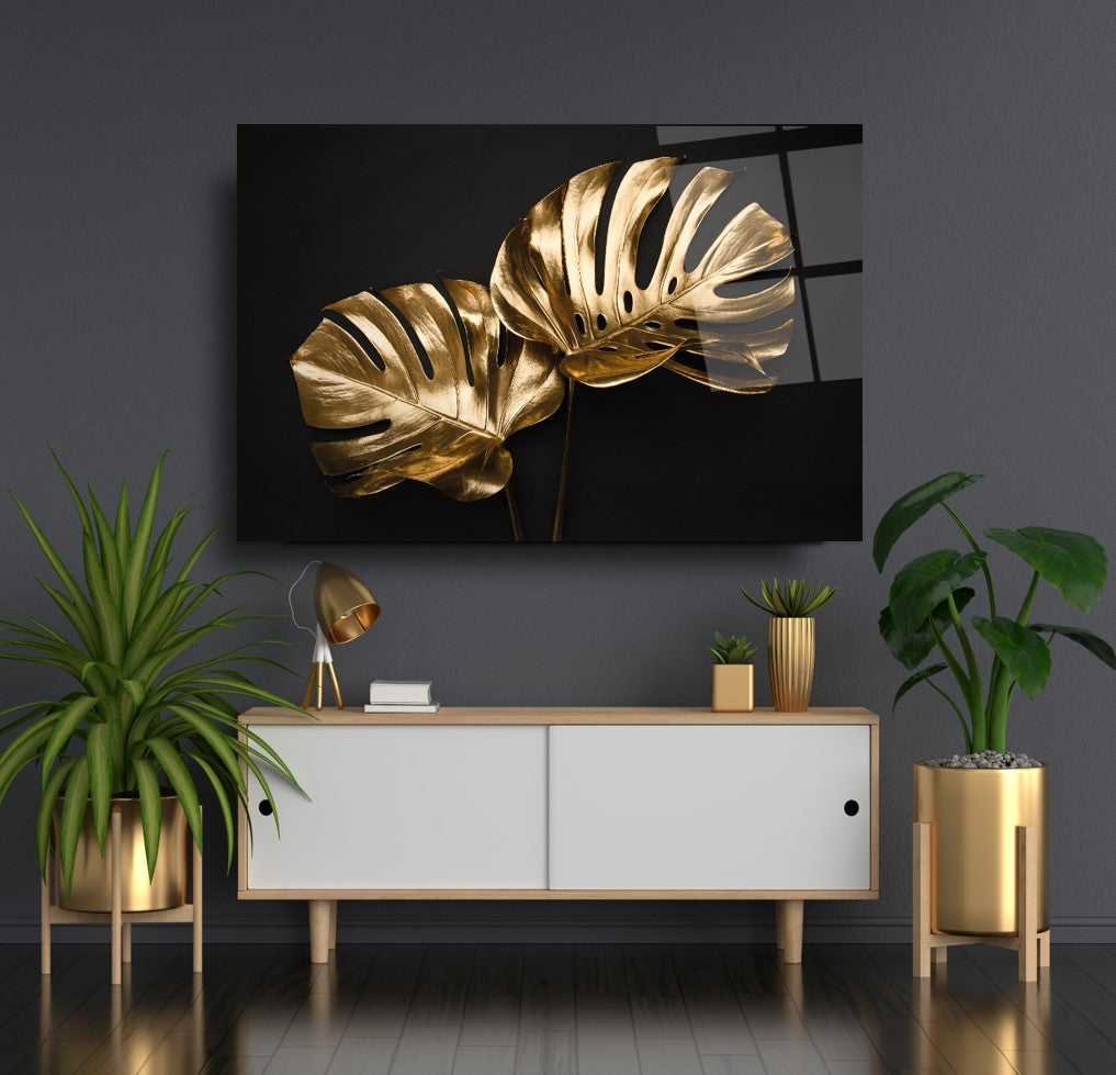 Gold Yapraklar Cam Tablo