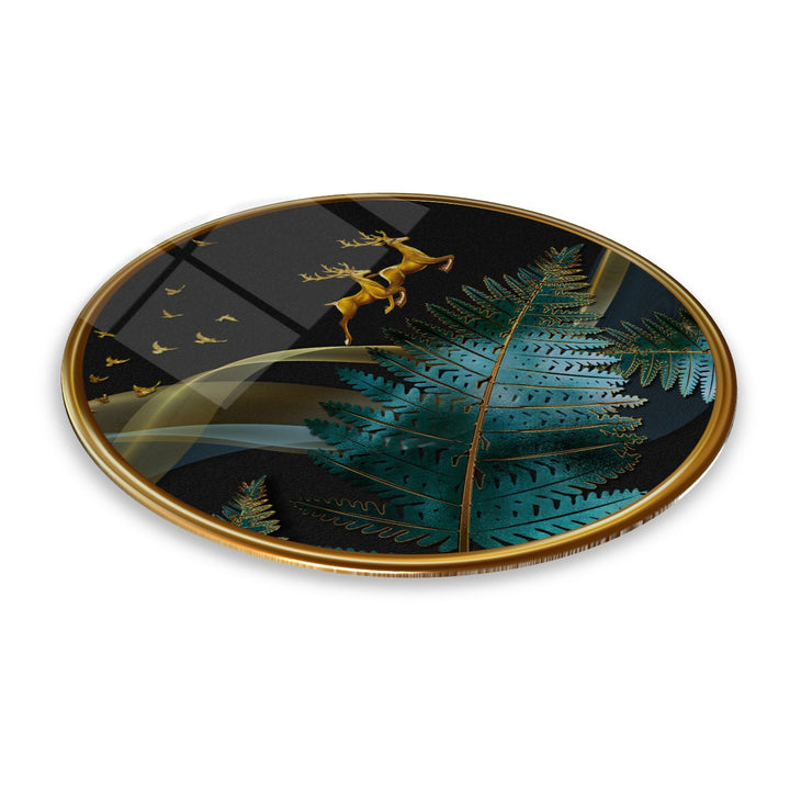 Gold Geyikler Yuvarlak Cam Tablo