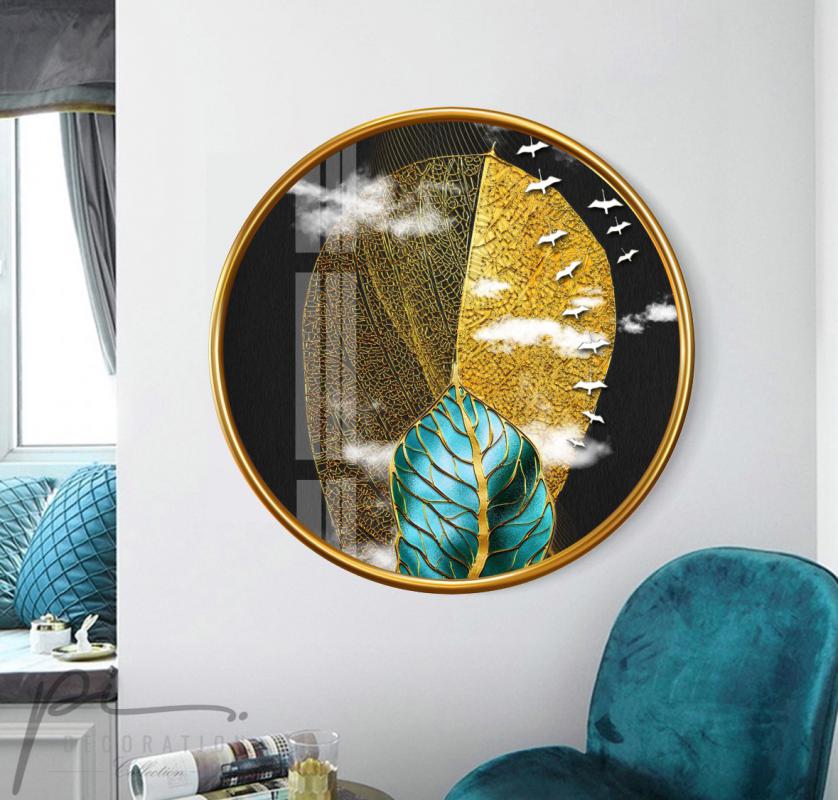 Gold Yapraklar Yuvarlak Cam Tablo