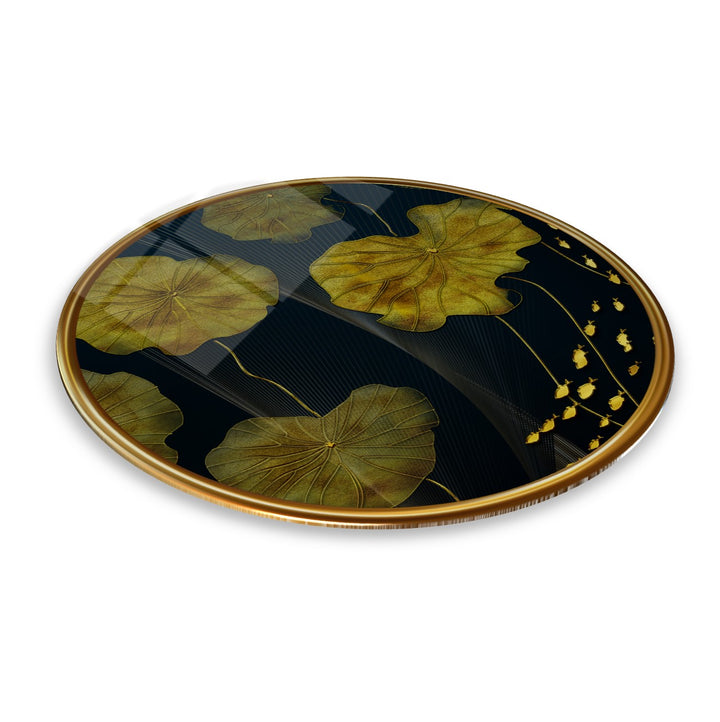 Gold Yapraklar Yuvarlak Cam Tablo