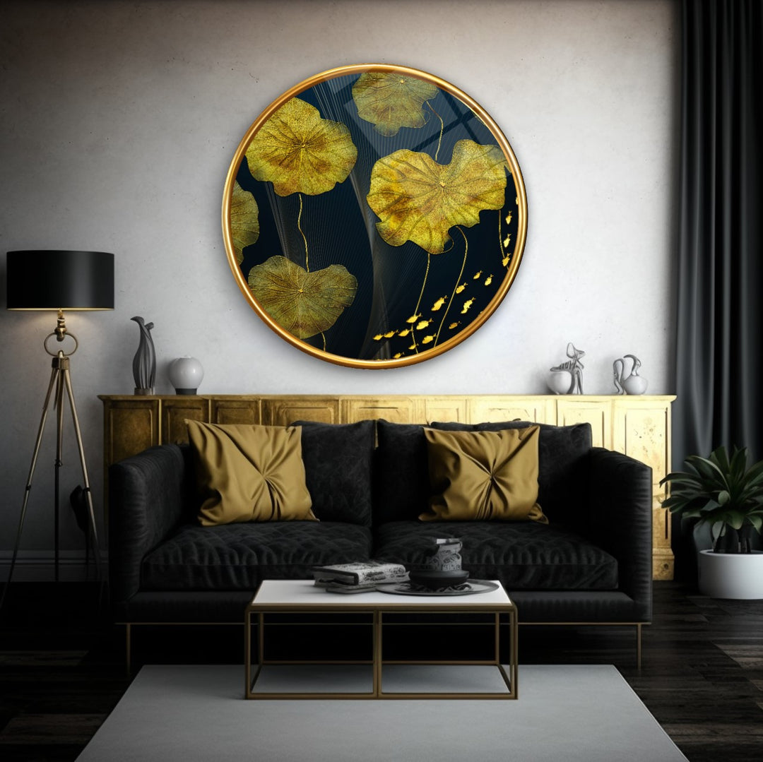 Gold Yapraklar Yuvarlak Cam Tablo
