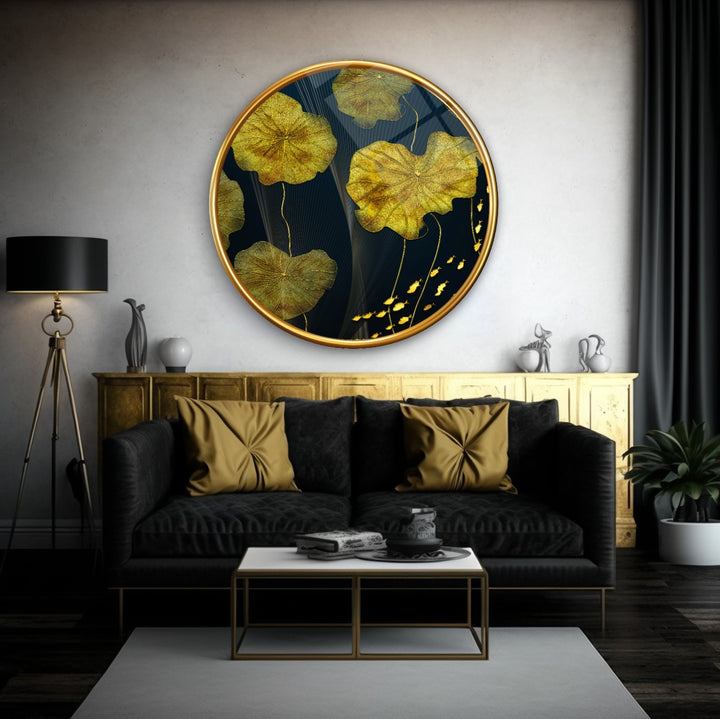 Gold Yapraklar Yuvarlak Cam Tablo