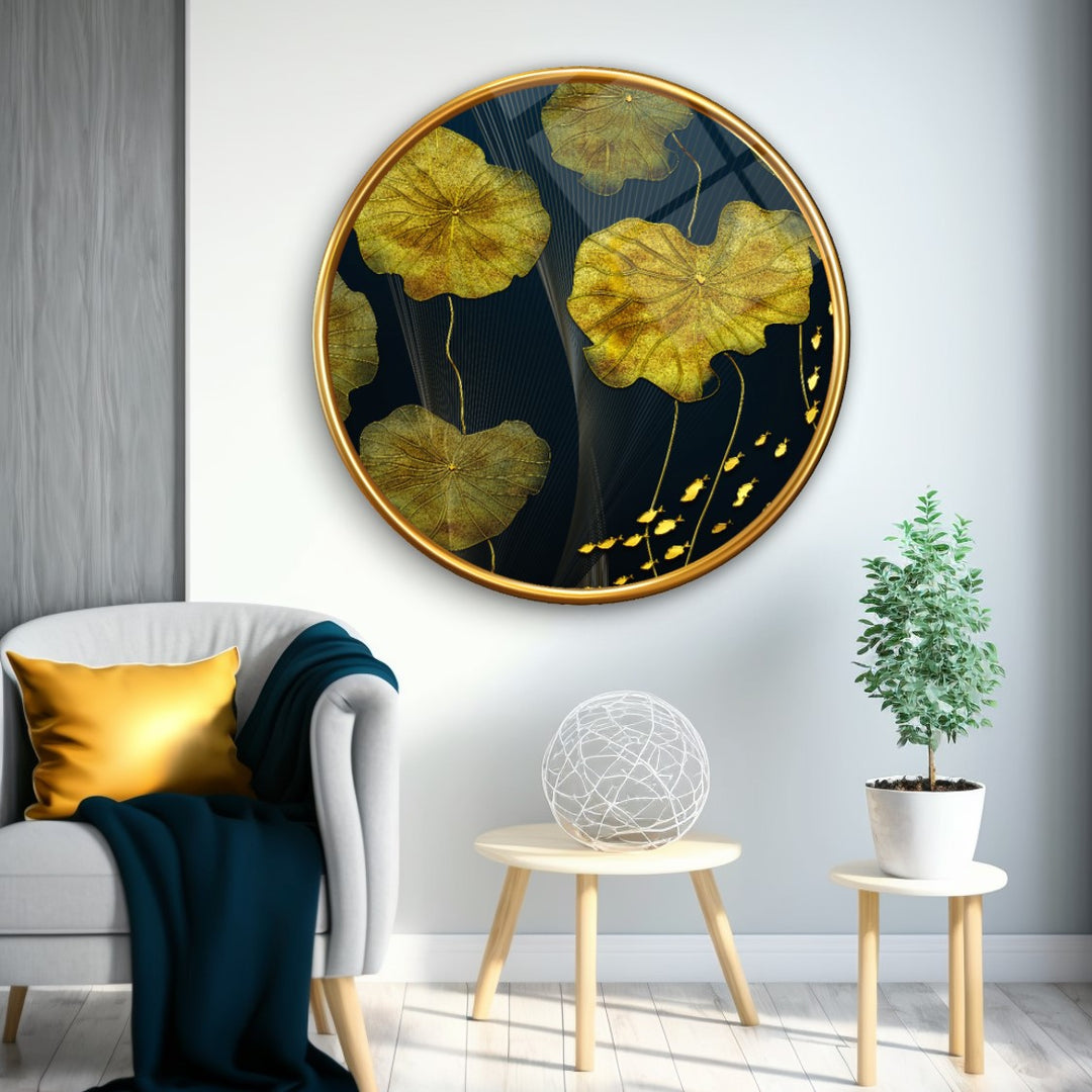 Gold Yapraklar Yuvarlak Cam Tablo
