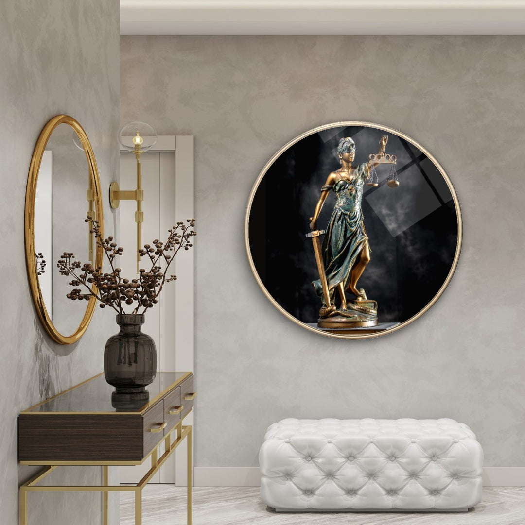 Themis Heykeli Yuvarlak Cam Tablo